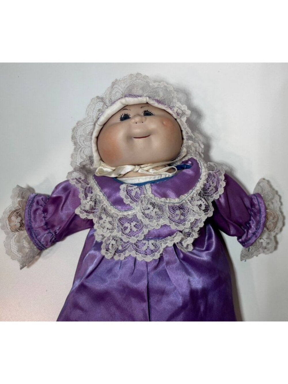 Vintage Porcelain Doll In Purple Satin Dress With Lace Details & Bonnet